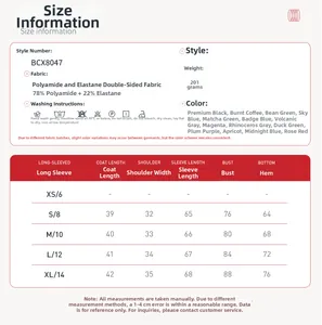 Size chart for women's slim-fit running jacket detailing fabric and dimensions