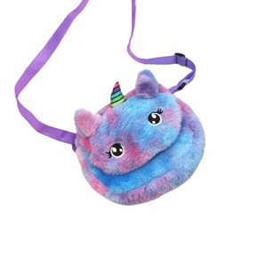 Unicorn plush crossbody bag for kids with rainbow fur and adjustable purple shoulder strap