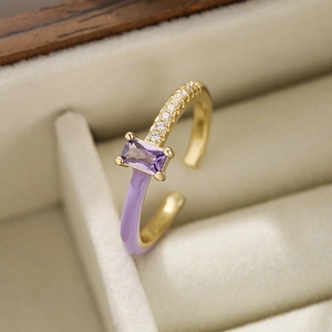 18K gold plated copper ring with purple zircon, enamel finish and side diamonds