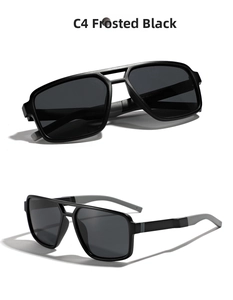 Detailed close-up of matte black TR90 square polarized sunglasses with double bridge design