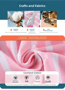 Gros plan sur tissu en coton peigné rayé rose et blanc avec broderie lapin