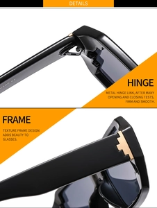 Detail of durable gold metal hinge and T-shaped decoration on black sunglasses frame