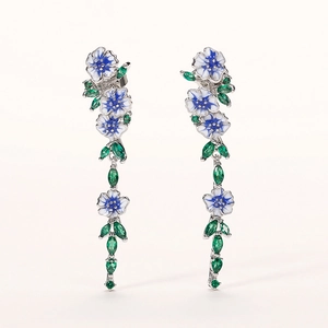 Elegant Western Style Long Floral Dangle Earrings Blue Enamel Flower Green Zirconia Leaf Copper Jewelry For Women Fashion Accessory