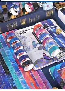 Detailed macro view of starry sky washi tape with gold foil accents for DIY scrapbooking