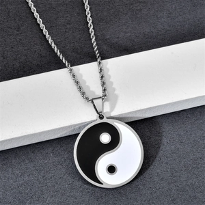 Polished stainless steel Yin Yang Tai Chi pendant necklace with silver twisted chain