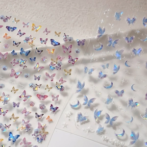 Holographic laser butterfly and moon nail stickers for kids with clear 3D finish