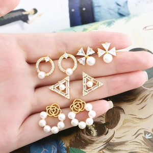 Elegant Copper Earrings 18K Gold Plated With Zircon And Imitation Artificial Pearl Geometric Triangle Flower Shape For Women
