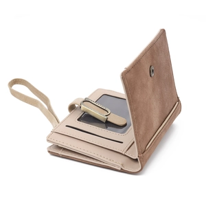 Women's khaki vintage matte PU leather bifold wallet with card slots and wrist strap