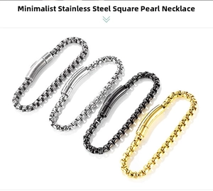 Detail of four stainless steel square pearl chains in silver, gold and black finishes