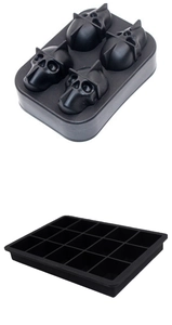 Detail of 4-cavity skull ice mold and 15-grid square tray in black silicone
