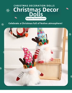 Detail of Christmas gnomes with reindeer antlers, knitted heart caps, and gold bells