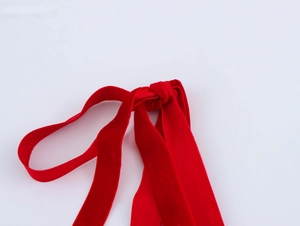 Dettaglio ravvicinato di un nastro di velluto rosso annodato per un abito lungo vintage