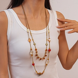 Bohemian multilayer beaded necklace with floral accents and colorful resin stones