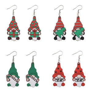 Festive Christmas gnome dangle earrings in wood with various holiday patterns for women