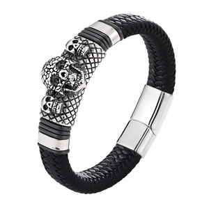 Punk woven black leather bracelet with silver skull charms and magnetic clasp for men