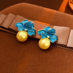 Vintage French style floral earrings with blue enamel petals and yellow pearls