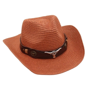 Close-up of orange-brown straw cowboy hat featuring a silver bull head metal ornament