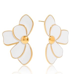 Detail view of butterfly stud earrings in white enamel with gold trim and butterfly shape