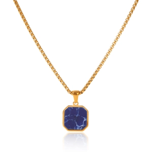Macro shot of gold square pendant with blue marble texture on stainless steel chain