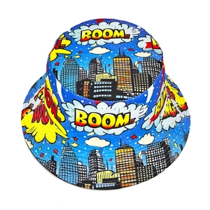 Fashionable comic print bucket hat featuring urban buildings and dynamic BOOM text graphics