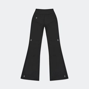 Slim fit black flared leggings with white cross patterns for extreme sports and fitness
