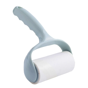 Light blue lint roller with ergonomic handle and white tear-off adhesive paper roll