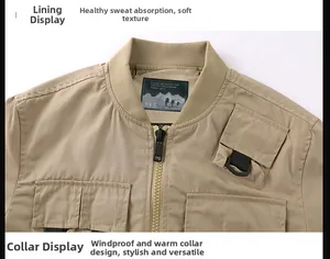 Detail der khakifarbenen Techwear-Jacke mit Stehkragen, Reißverschluss und Tasche