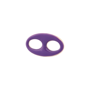 Detailed macro shot of a purple enamel oval link with gold-plated metal edges and dual holes