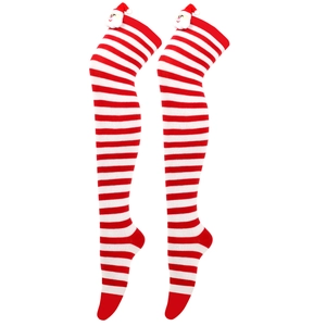 Detail of red and white striped over-knee socks with 3D Santa Claus plush ornaments