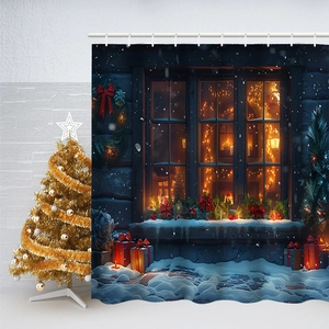 Detail des wasserfesten Weihnachtsduschvorhangs mit festlicher Schneeszene und Geschenkboxen