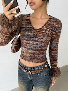 Slim fit V-neck striped knit top featuring faux fur cuffs and vintage Y2K aesthetic style