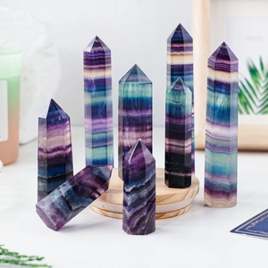 Natural Rainbow Fluorite Crystal Point Hexagonal Wand Polished Colorful Stone Pillar Desktop Decoration Healing Meditation Energy