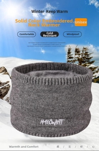 Close-up of grey knit neck warmer showing thick fleece lining and white logo embroidery