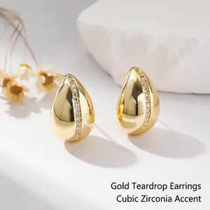 Elegant gold-plated teardrop hoop earrings with inlaid white zircons for women