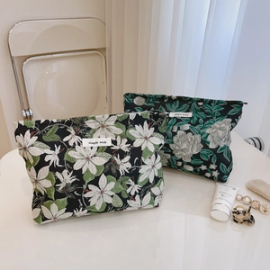 Vintage Floral Jacquard Clutch Cosmetic Bag Canvas Lining Zipper Pouch Handbag For Women Simple Elegant