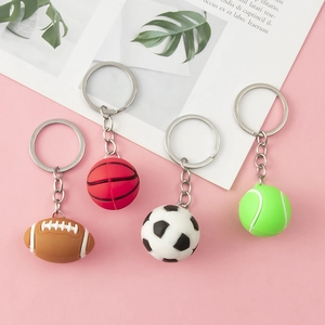 Set of 4 3D sports ball keychains including soccer, basketball, rugby and tennis balls