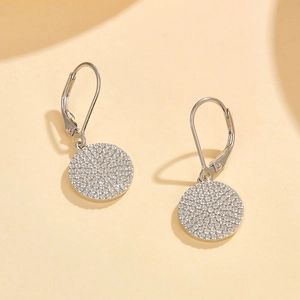 Elegant S925 sterling silver round disc leverback earrings with pavé cubic zirconia stones