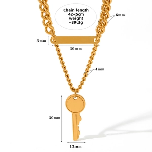 Detailed size chart for gold double-layer stainless steel necklace with key pendant