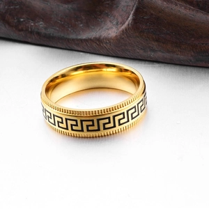 8mm Greek key pattern ring in gold and black stainless steel for men and women