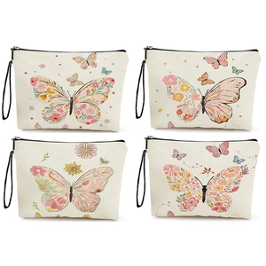 Butterfly Print Cosmetic Bag Fine Linen Makeup Pouch Travel Organizer With Zipper And Wristlet For Women