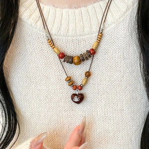 Vintage Ethnic Heart Pendant Necklace Layered Wooden Beads Coconut Shell Boho Handmade Jewelry For Women