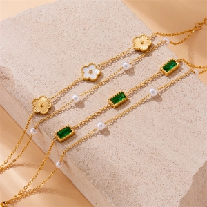 Layered Bracelet Gold Plated Stainless Steel Shell Flower Artificial Pearl Green Zircon Retro Elegant Jewelry For Women