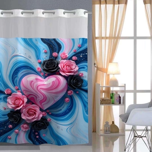 Detail view of 3D pink heart and black rose pattern on waterproof fabric shower curtain
