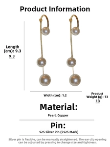 Detail view showing dimensions of pearl tassel earrings measuring 9.3cm in length