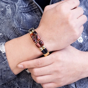 Men's double-layer leather bracelet with tiger eye stone beads and gold metal clasp