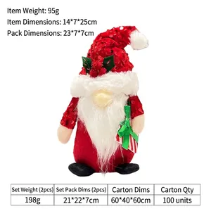 Detail of Christmas gnome plush with red sequin hat, white beard and gift box decoration