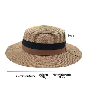 Flat top straw sun hat with 33cm diameter and 7cm wide brim for sun protection