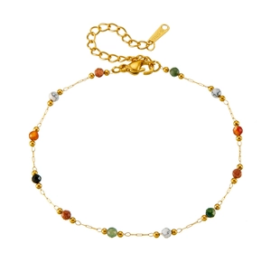 Bohemian colorful stone beaded stainless steel chain bracelet with gold finish