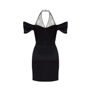 Robe moulante noire épaules nues avec licou en dentelle et fermeture éclair
