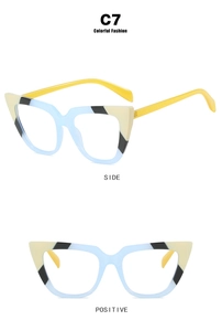 Detailed side and front views of C7 color-block cat-eye glasses frames in blue and yellow